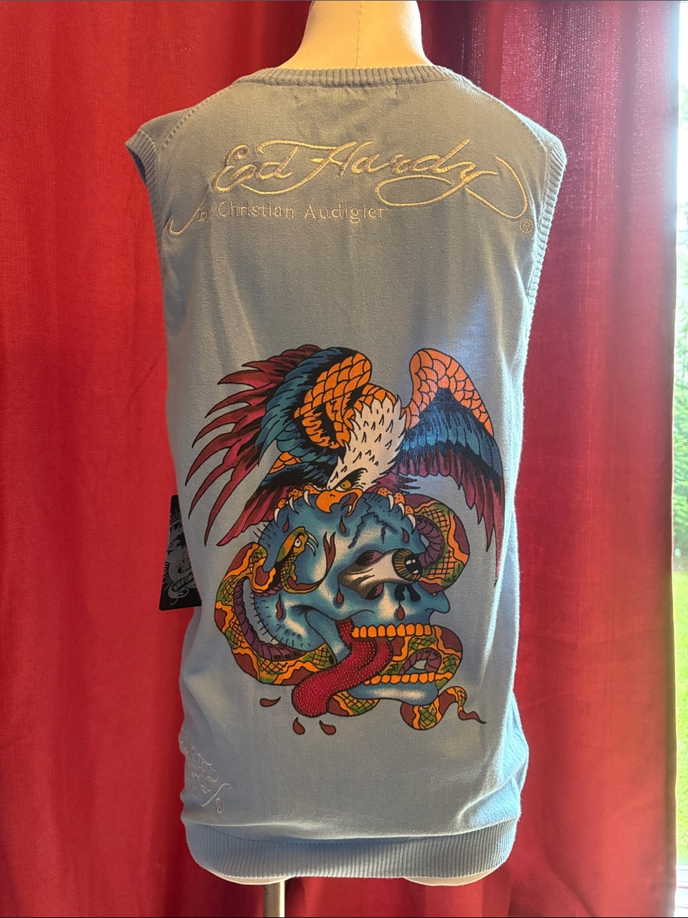 Ed Hardy Blue Sleeveless V-Neck Sweater Vest with Dagger & Heart Graphic, NWT